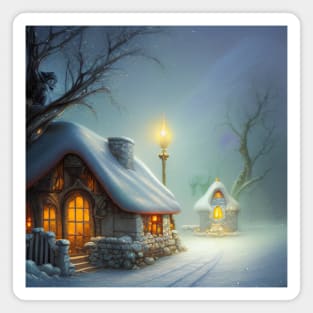 Magical Fantasy Cottage with Lights In A Snowy Scene, Scenery Nature Magnet